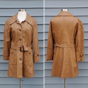 Vintage 70s Boho Camel Tan Honey Leather Button Front Belted Midi Trench Coat Sm